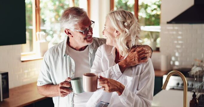 Coffee, senior couple and embrace in home for love, romance and happiness on valentines day. Eskimo kiss, man and woman together for relationship, commitment and marriage in retirement in kitchen