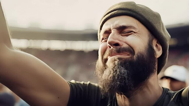 Passionate sports enthusiast with beard, wearing beret, raising arms, switching between joyful celebration and emotional outburst during stadium event