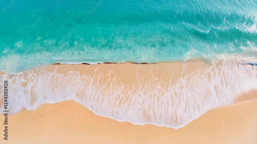 Poster Turquoise ocean waves gently washing up on a pristine sandy beach in a slow motion sequence, creating a serene and mesmerizing tropical paradise