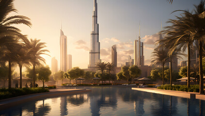 Skyscrapers and palm trees in Dubai. UAE
