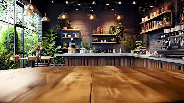 Wooden tables are featured in different shapes and orientations, providing versatile surfaces for product placement or other creative uses in a cozy cafe setting