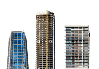 Set of modern high-rise residential and commercial buildings with sleek facades and geometric patterns, urban real estate development in a metropolitan district. Isolated on white background.