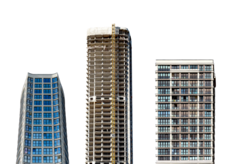 Set of modern high-rise residential and commercial buildings with sleek facades and geometric patterns, urban real estate development in a metropolitan district. Isolated on white background.