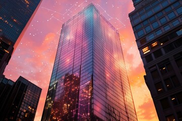 Digital overlay on city buildings showcasing energy-efficient lighting and smart grid solutions .