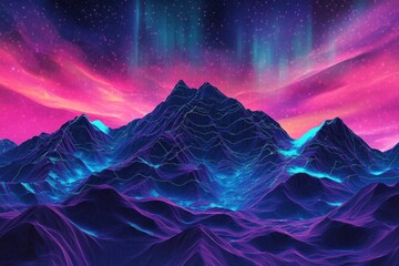 Digital northern lights over cyber mountain range . A vibrant purple aurora casts a magical glow over the mountains in this captivating 3D depiction.