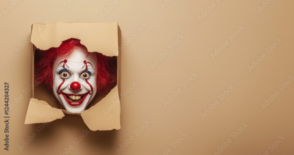 Poster a clown's head emerging from the wall, against a beige background. a cardboard box with a hole in it