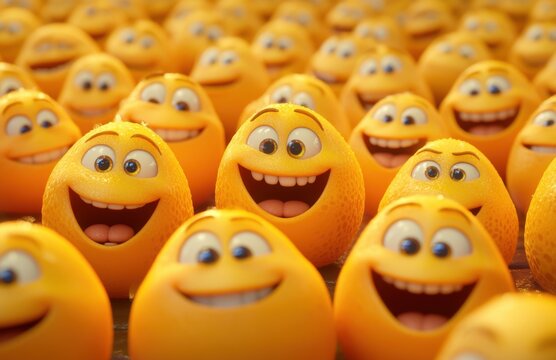 A group of anthropomorphized oranges with large eyes and wide smiles, arranged in an endless sea of yellow background, forming a cheerful scene of joyous laughter and excitement.