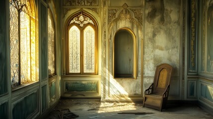 Obraz premium Sunlit Grandeur of a Decaying Palace: Capturing the Majestic Ruins of a Forgotten Era