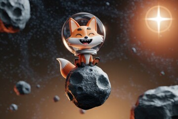 Fototapeta premium A cheerful fox astronaut sits on a space rock, amidst the stars and asteroids.