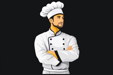 Naklejka premium Chef in white uniform stands confidently against a dark background showcasing culinary expertise