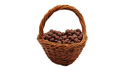 A heart-shaped basket filled with small chocolates, isolated on white background in HD