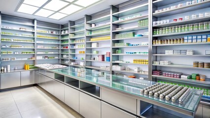 Modern pharmacy interior with organized shelves and products