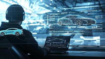 Engineer working at a cutting-edge workstation in an electric vehicle manufacturing facility.