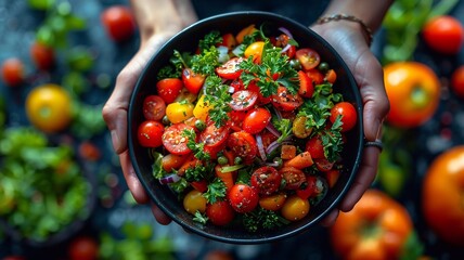 Master concept art. How to make a healthy salad. Fresh salad with fruits and herbs, view from above with space for text