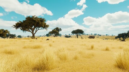 Awe-Inspiring African Savannah Landscape Under a Majestic Sky.  A Breathtaking View of the Golden Grassy Plains and Majestic Trees.  Perfect for Nature Lovers and Wildlife Enthusiasts.