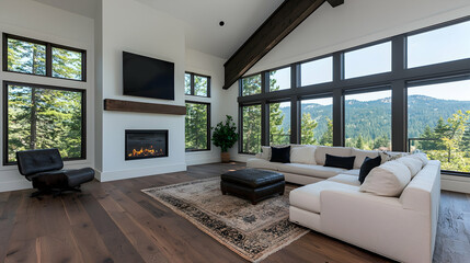 Modern living room, mountain view, fireplace, hardwood floors, real estate