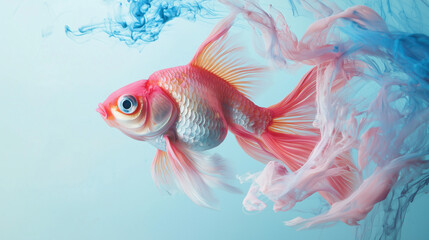 Pink Goldfish Banner on Light Blue Pastel Background with Paint Splashes and Copy Space