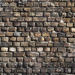 Close-up texture of an old brick wall with varied brown and grey tones. Rustic brickwork, weathered surface, and architectural detail.

