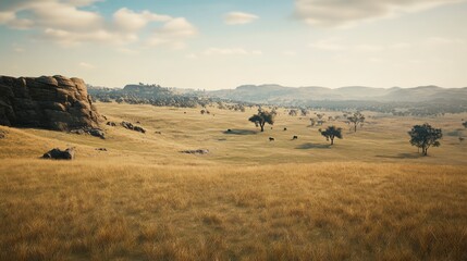 Obraz premium Awe-Inspiring Expansive Savanna Landscape, Golden Grass, and Majestic Trees