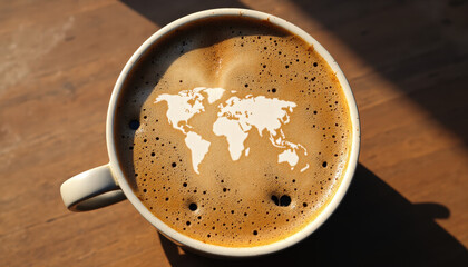 Realistic Coffee Cup with World Map Froth