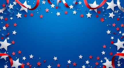 President's Day Banner, Independence Day Card Template, and Confetti Stars Frame on Blue Background