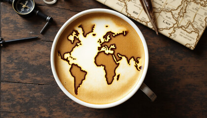 Realistic Coffee Cup with World Map Froth