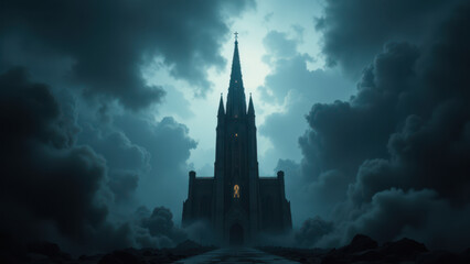 A dramatic religious skyline with a towering cathedral church under storm clouds.