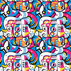 Fototapeta premium Seamless pattern with abstract pop art faces and vibrant shapes