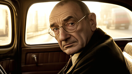 A man with glasses sits in a vintage car, creating a nostalgic atmosphere for classic vehicle campaigns