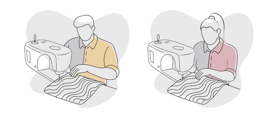 Set of woman and male seamstress using sewing machine in line art style. Tailor designs new clothes in workshop.  Vector cartoon flat style, illustration isolated on white background