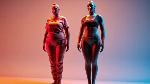 This striking visual contrasts two figures showcasing significant changes in body weight and shape.