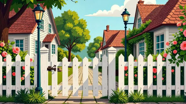 A white picket fence separates a street from a row of houses. The houses are all white and have red roofs. There are several potted plants and flowers in front of the houses, including roses
