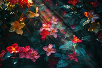 Sunbeams illuminate vibrant dipladenia flowers, creating a captivating display of color and light in a lush garden