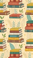 Seamless pattern of vintage books with leaves.