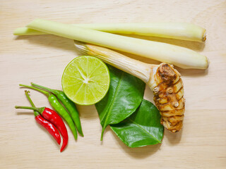 Tom yum or Thai spicy and sour soup ingredients