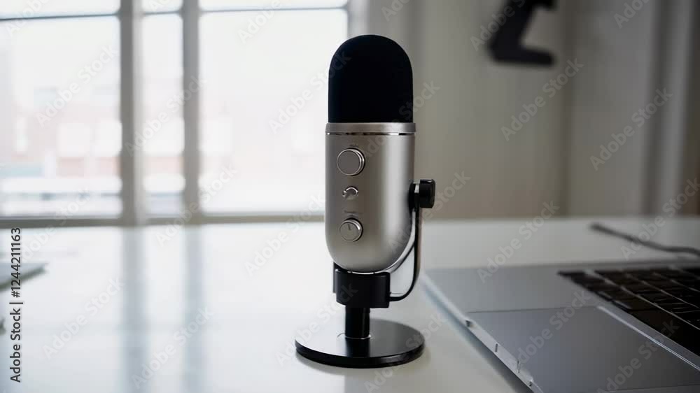 Poster Silver microphone resting on white table, laptop with audio editing software blurred in background, capturing podcast production environment in smooth slow motion