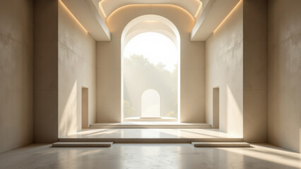Fototapeta premium Solemn empty cathedral interior with sunlight streaming through arched windows.