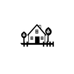 Black house illustration with trees and fence