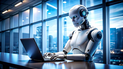 3d rendering humanoid robot working with laptop computer in modern office interior. AI Generative