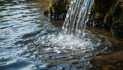 The water pours like a waterfall into the pond, forming circles on the surface of the water.