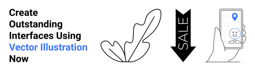 Mobile app interface with geolocation, decorative leaf element, bold sale arrow. Ideal for user experience design, marketing, eCommerce, promotions, online business, technology flat landing page