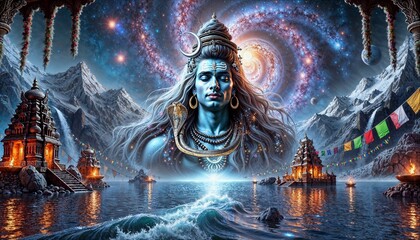 Lord Shiva in a Cosmic Himalayan Setting with Sacred Temples