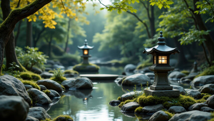 Naklejka premium Tranquil Zen garden with a stream surrounded by rocks, illuminated by traditional stone lanterns and lush greenery under autumn foliage.