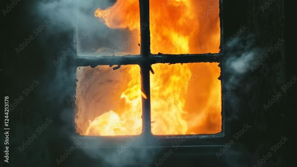 Poster intense flames and thick smoke billowing from the window of a burning building create a dramatic and