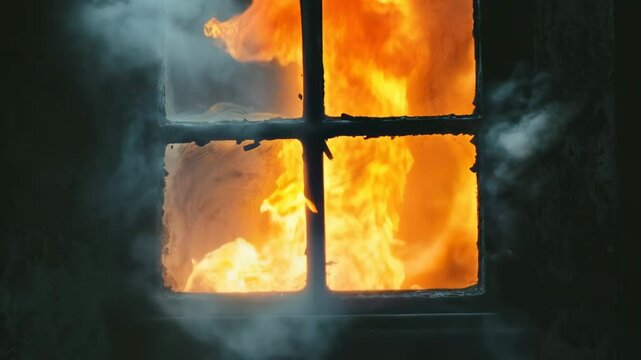 Intense flames and thick smoke billowing from the window of a burning building create a dramatic and perilous scene, highlighting the dangers of fire and the urgency of emergency response