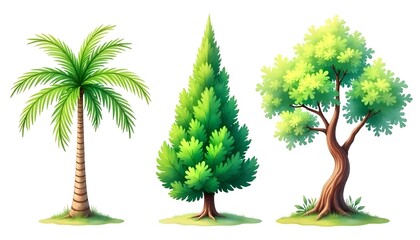 A collection of watercolor trees in green, featuring palm, spruce, and gnarled olive tree