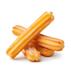 Crispy spanish churros coated in sugar, fried dough, isolated on white background