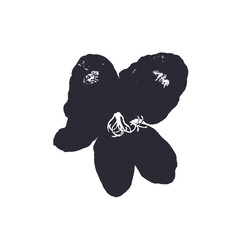 Black and white minimal rustic inky hibiscus flower silhouette. Monochrome sketchy textured loose floral doodle. Hand drawn bold color botanical element