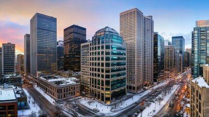 Fototapeta premium Majestic Winter Cityscape: A Stunning Aerial View of Urban Architecture and Snowy Streets
