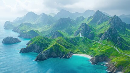 Obraz premium Coastal Lighthouse Amidst Verdant Mountain Ranges